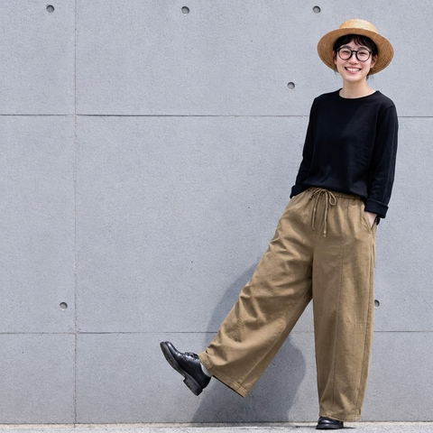 XL-3XL ウエストゴム ワイドパンツ ゆったり 着回しカジュアル ガウチョパンツ 3XL カーキ