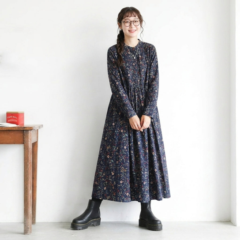 M-2XL Aライン リボン ボタン 長袖 プリント 定番 プリントワンピース M ネイビー