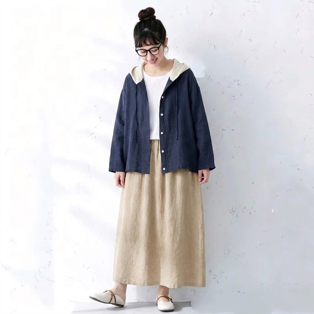 SML 大人のナチュラル 長く着られる 体型カバー きれいめ セットアップ S ブルー/アウター+ベージュ/スカート/2点セット