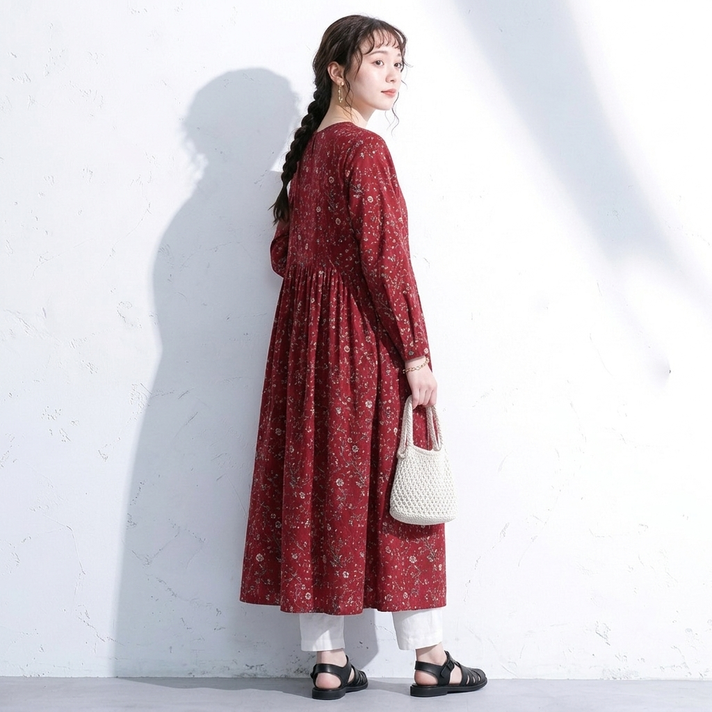 M-2XL Aライン リボン ボタン 長袖 プリント 定番 プリントワンピース M ネイビー