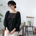 S-XL 流行の予感 無地 ノーマルスリーブ 花模様 長袖 刺繍 レトロ シャツ S ブラック