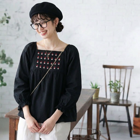 S-XL 流行の予感 無地 ノーマルスリーブ 花模様 長袖 刺繍 レトロ シャツ S ブラック
