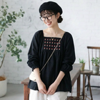 S-XL 流行の予感 無地 ノーマルスリーブ 花模様 長袖 刺繍 レトロ シャツ S ブラック