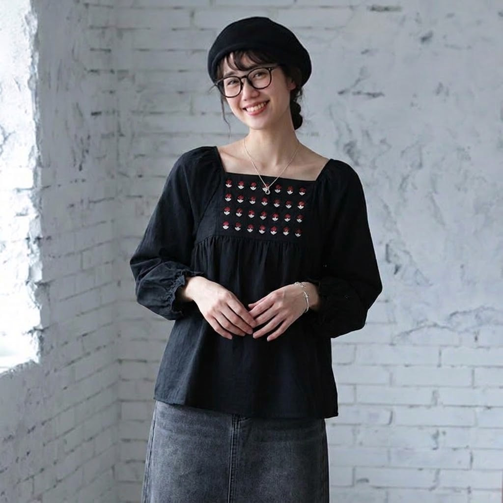 S-XL 流行の予感 無地 ノーマルスリーブ 花模様 長袖 刺繍 レトロ シャツ XL ブラック