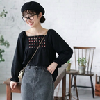 S-XL 流行の予感 無地 ノーマルスリーブ 花模様 長袖 刺繍 レトロ シャツ S ブラック