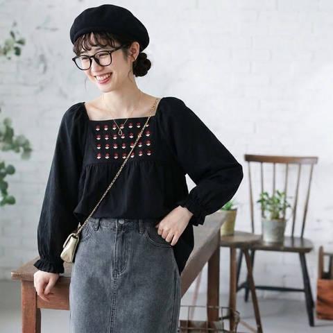 S-XL 流行の予感 無地 ノーマルスリーブ 花模様 長袖 刺繍 レトロ シャツ S ブラック