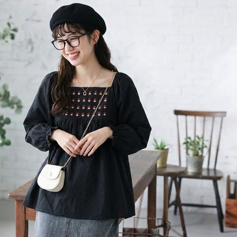 S-XL 流行の予感 無地 ノーマルスリーブ 花模様 長袖 刺繍 レトロ シャツ S ブラック
