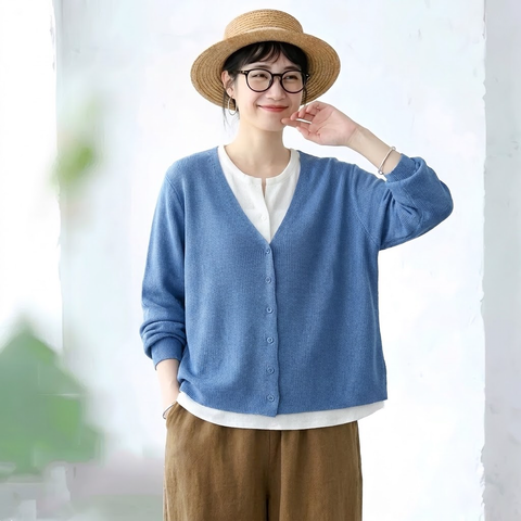 F 切り替え 配色 長袖  可愛くて繊細な ニット Tシャツ フリー ブルー