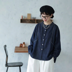 M-2XL デニム ラウンドネック ゆったり ステッチデザイン 着回し 薄手 シャツ M 写真通り