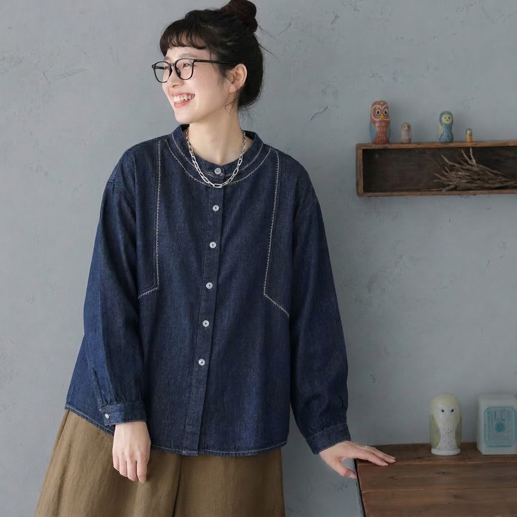 M-2XL デニム ラウンドネック ゆったり ステッチデザイン 着回し 薄手 シャツ M 写真通り