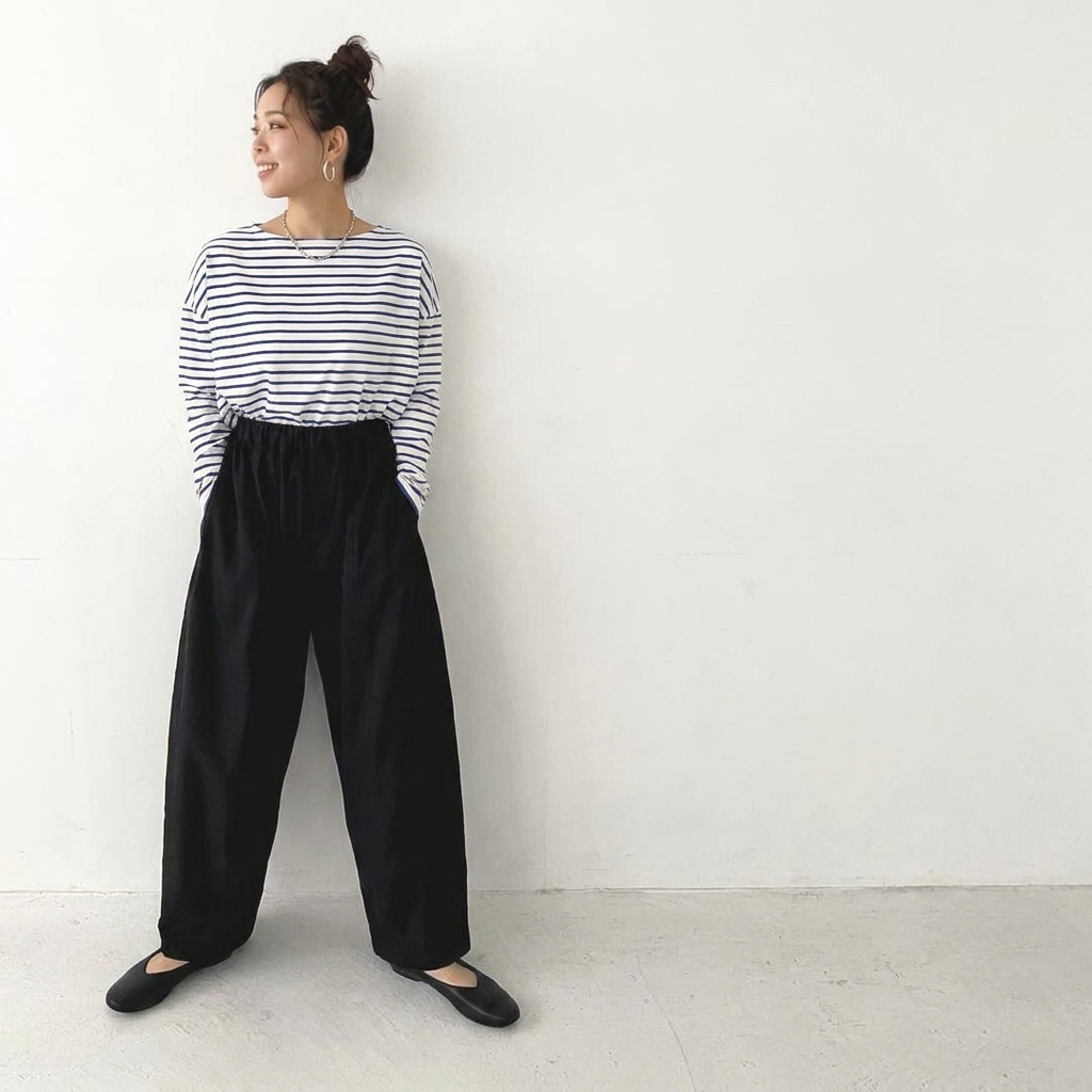 M-L 定番 アンプルライン ポケット付き アンクル丈（9分丈） カジュアルパンツ L ブラック