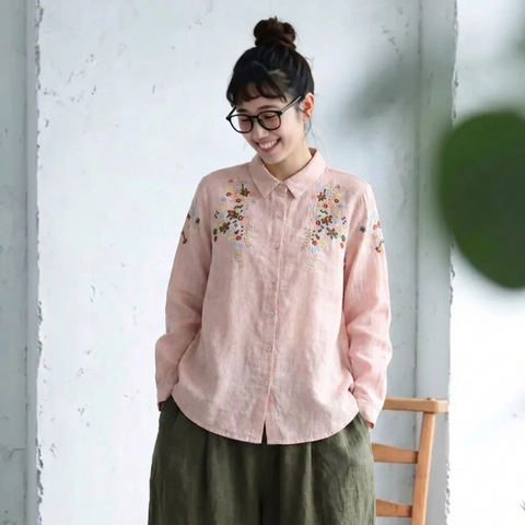 M-L 刺繍 スウィート シングルブレスト 折り襟 長袖 シャツ M ホワイト