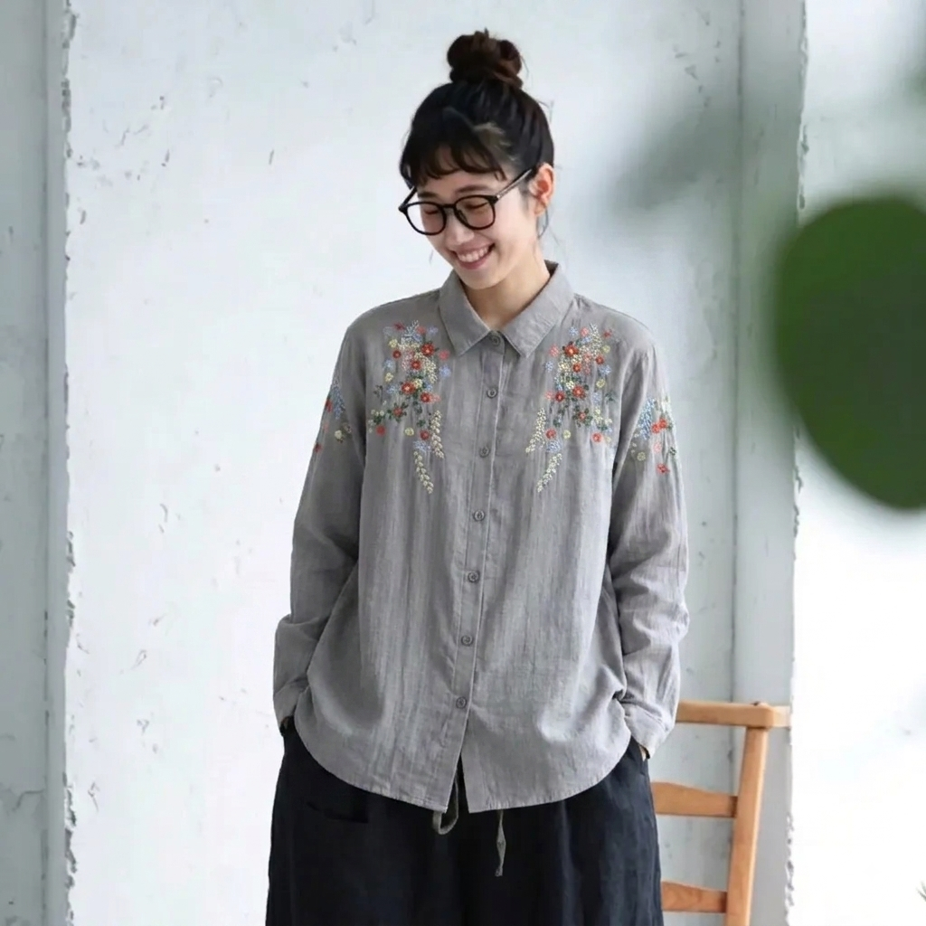 M-L 刺繍 スウィート シングルブレスト 折り襟 長袖 シャツ M ホワイト