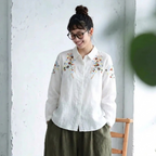 M-L 刺繍 スウィート シングルブレスト 折り襟 長袖 シャツ M ホワイト