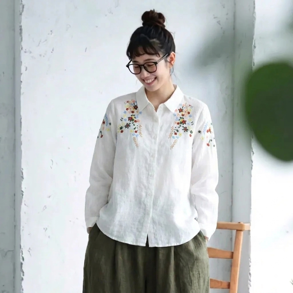 M-L 刺繍 スウィート シングルブレスト 折り襟 長袖 シャツ M ホワイト