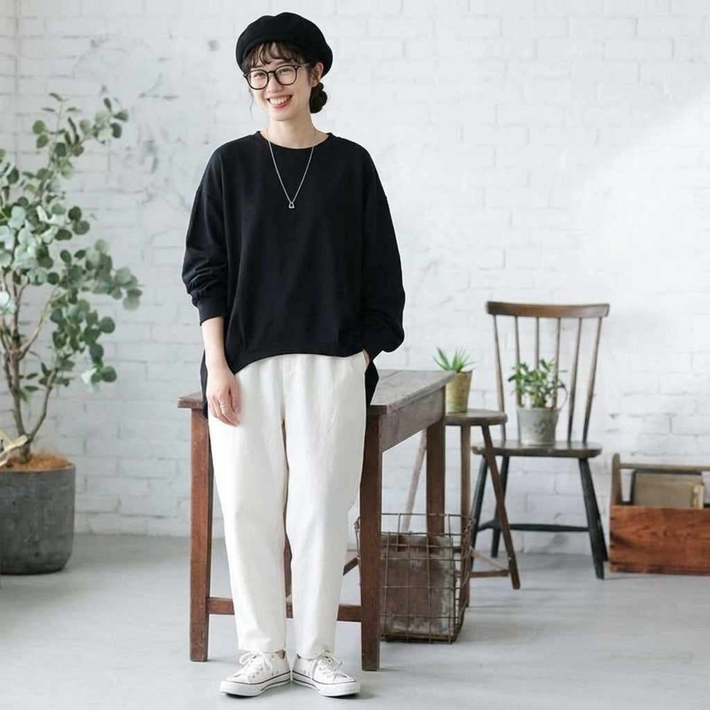 【コットン】ML 超快適 テクスチャ 肌触り柔らかい 無地 Tシャツ L ブラック