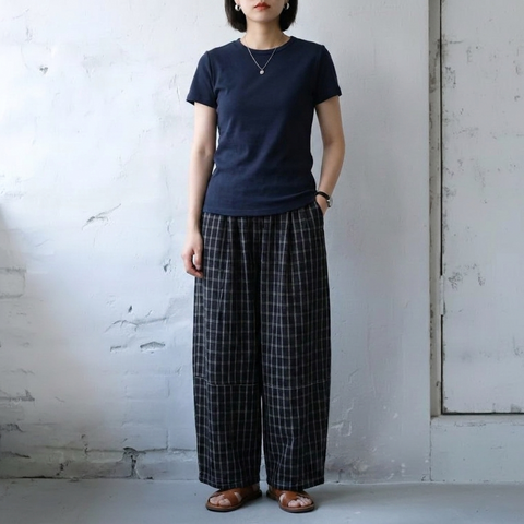 L-2XL 着回し自在！ 通気性良い チェック柄 ポケット付き ガウチョパンツ 2XL ネイビー (ロング丈)