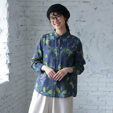 【コットン】S-2XL 植物 花模様  プリント 長袖 カジュアル 可愛くて繊細なシャツ 2XL 写真通り