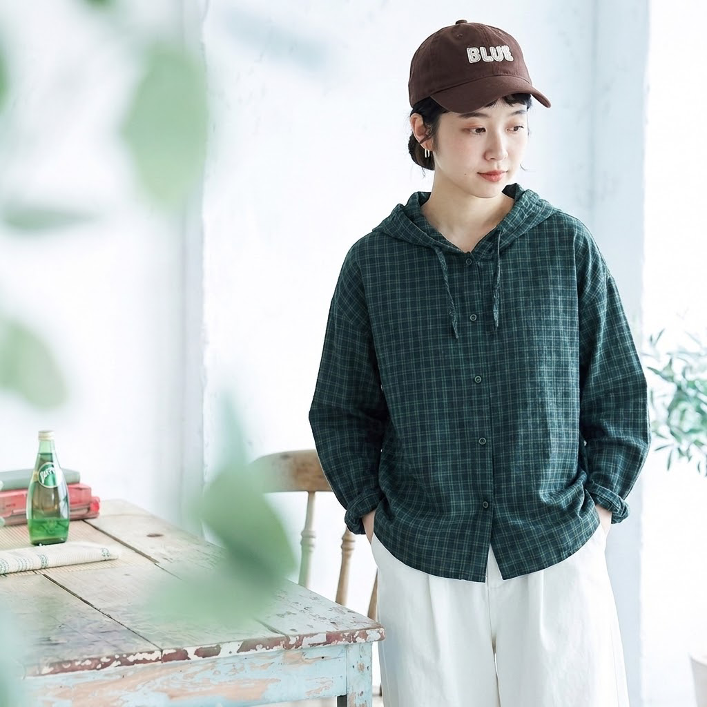 【コットン】M-2XL 女性に大人気 ボタン チェック柄 長袖 レトロ シャツ M グリーン