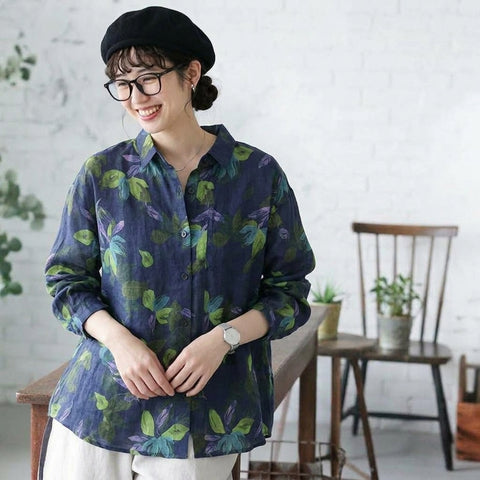 【コットン】S-2XL 植物 花模様  プリント 長袖 カジュアル 可愛くて繊細なシャツ S 写真通り