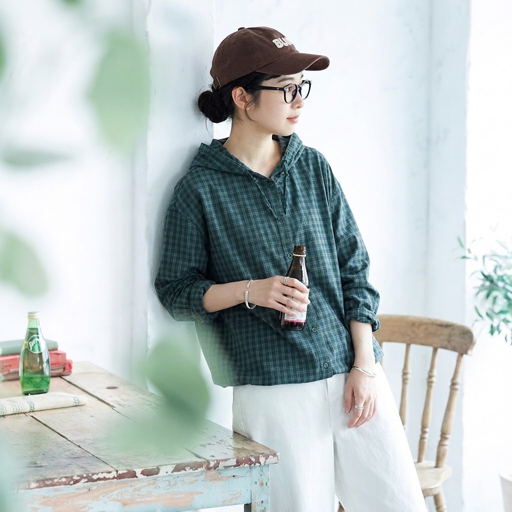 【コットン】M-2XL 女性に大人気 ボタン チェック柄 長袖 レトロ シャツ M グリーン