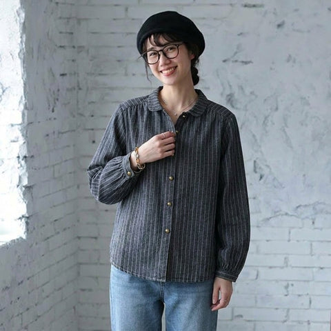 【コットン】 M-2XL ストライプ柄 折り襟 長袖 ボタン カジュアル シャツ M 写真通り