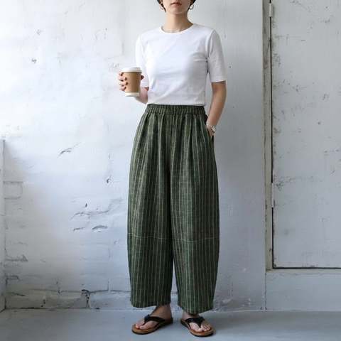 L-2XL 着回し自在！ 通気性良い チェック柄 ポケット付き ガウチョパンツ 2XL グリーン (ロング丈)