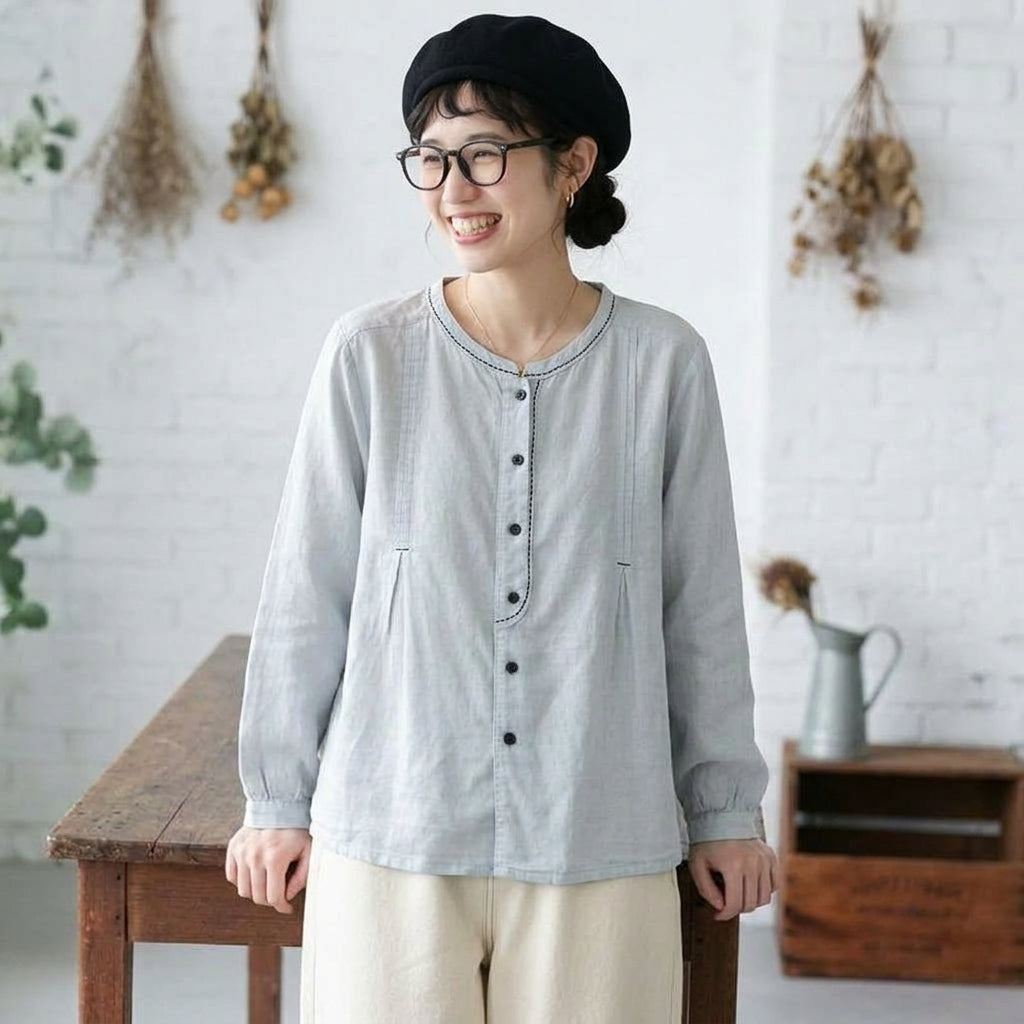 F 超快適 柔らかい雰囲気 ボタン 長袖 無地 刺繍 レトロ シャツ フリー レッド
