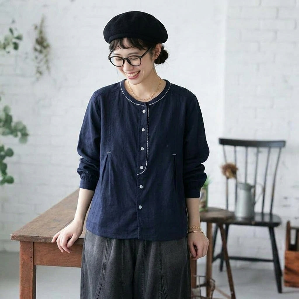 F 超快適 柔らかい雰囲気 ボタン 長袖 無地 刺繍 レトロ シャツ フリー ネイビー