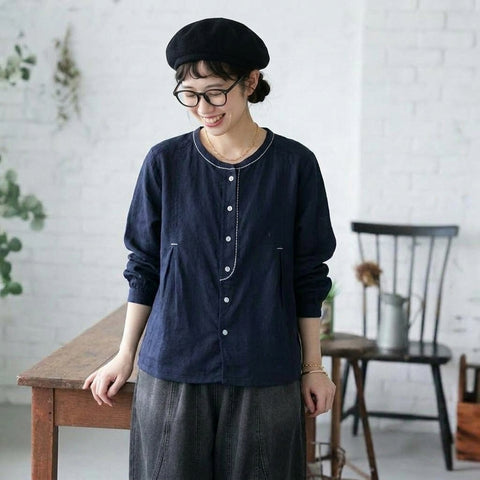 F 超快適 柔らかい雰囲気 ボタン 長袖 無地 刺繍 レトロ シャツ フリー ネイビー