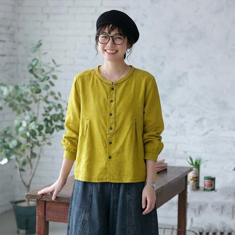F 超快適 柔らかい雰囲気 ボタン 長袖 無地 刺繍 レトロ シャツ フリー イエロー