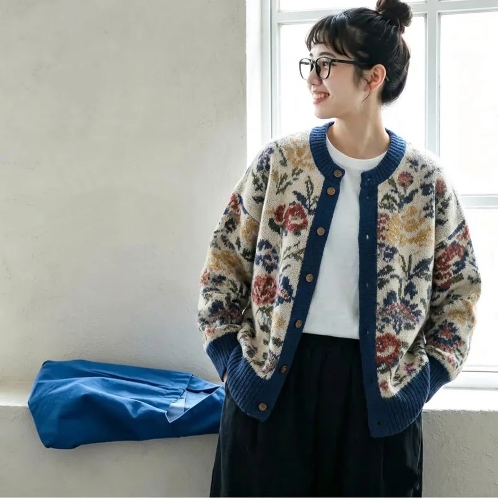 S-3XL 小さな花と暮らす ゆるニットカーディガン S 写真通り