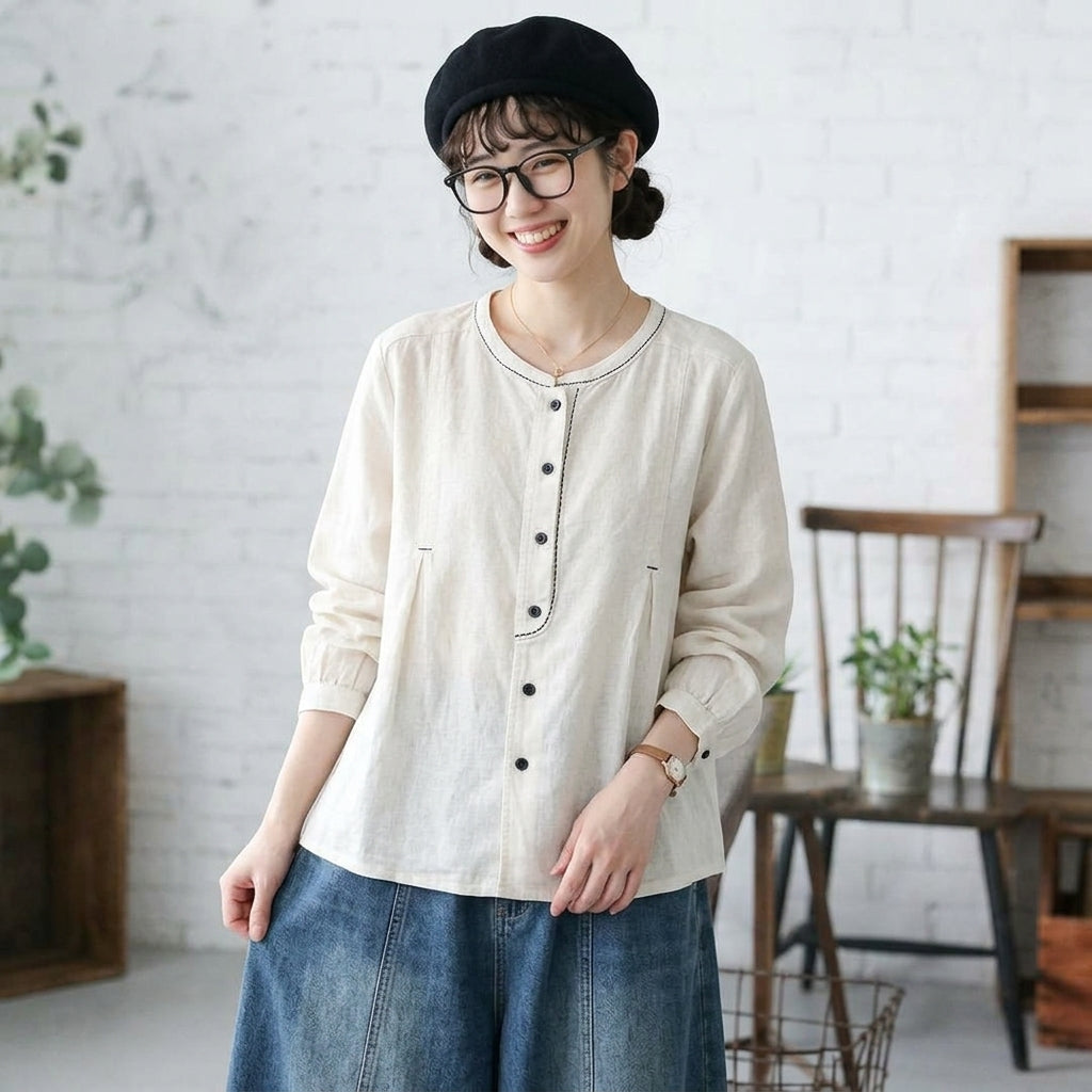 F 超快適 柔らかい雰囲気 ボタン 長袖 無地 刺繍 レトロ シャツ フリー ホワイト