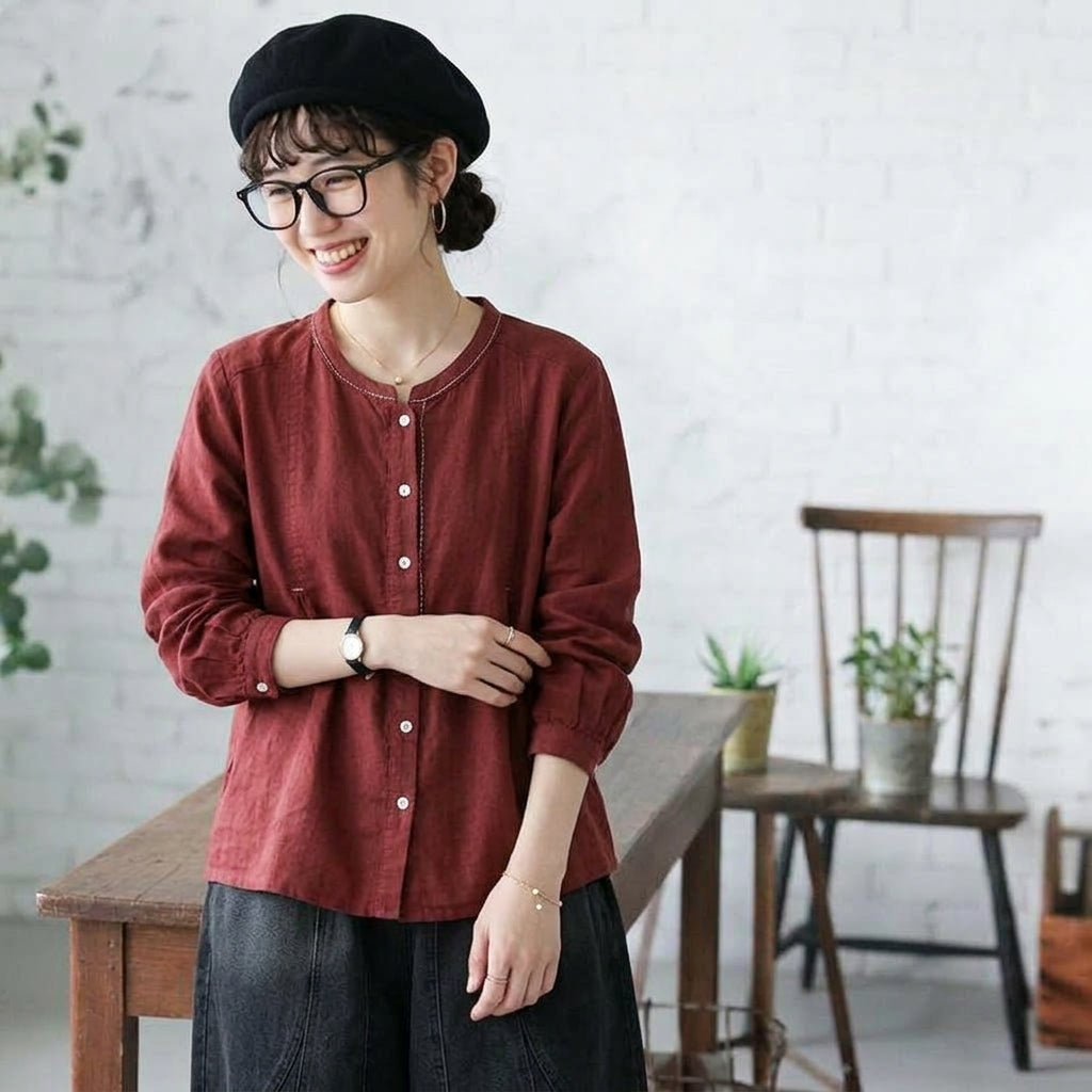 F 超快適 柔らかい雰囲気 ボタン 長袖 無地 刺繍 レトロ シャツ フリー レッド