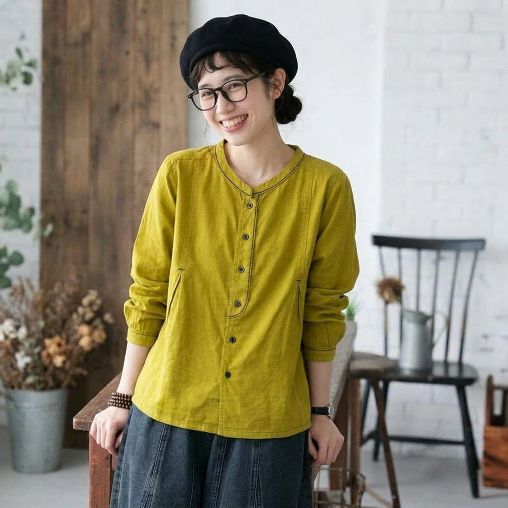 F 超快適 柔らかい雰囲気 ボタン 長袖 無地 刺繍 レトロ シャツ フリー レッド