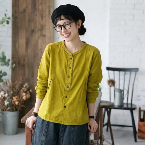 F 超快適 柔らかい雰囲気 ボタン 長袖 無地 刺繍 レトロ シャツ フリー レッド