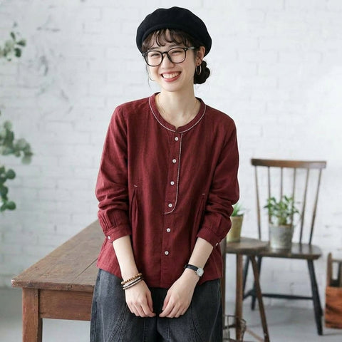 F 超快適 柔らかい雰囲気 ボタン 長袖 無地 刺繍 レトロ シャツ フリー レッド