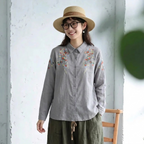 M-L 刺繍 スウィート シングルブレスト 折り襟 長袖 シャツ M ホワイト
