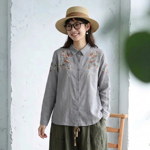 M-L 刺繍 スウィート シングルブレスト 折り襟 長袖 シャツ M ホワイト