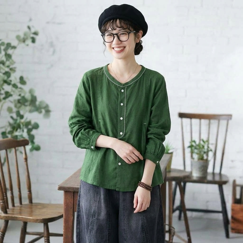 F 超快適 柔らかい雰囲気 ボタン 長袖 無地 刺繍 レトロ シャツ フリー グリーン