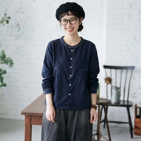 F 超快適 柔らかい雰囲気 ボタン 長袖 無地 刺繍 レトロ シャツ フリー レッド
