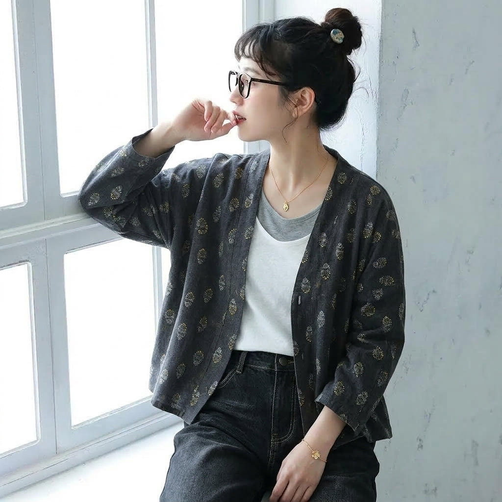 F ボタン 長袖 プリント 清楚見え 両面着 ジャケット フリー 写真通り
