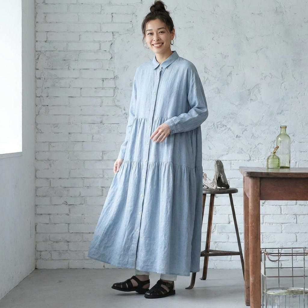 「ナチュラル」M~2XL 9分袖 ハイウエストデザインでスッキリ見え！コットンリネンAラインワンピース M ブルー