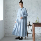 「ナチュラル」M~2XL 9分袖 ハイウエストデザインでスッキリ見え！コットンリネンAラインワンピース M ブルー