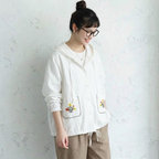 F 着回し力抜群 長袖 刺繍 花模様 植物 森ガール シャツ フリー ホワイト