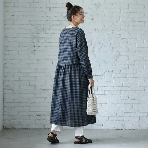 M-3L 長袖 Aライン チェック柄 ボタン カジュアル ワンピース M 写真通り