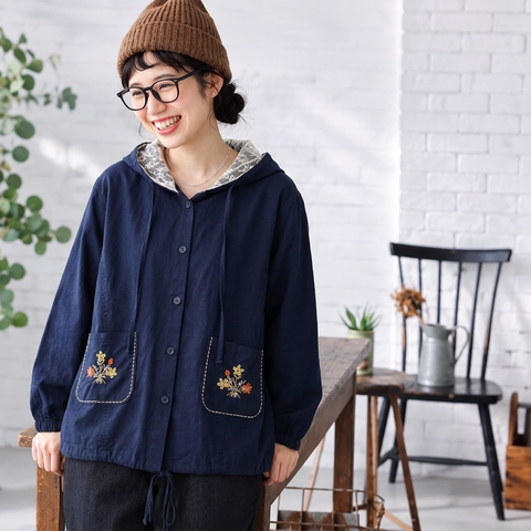 F 着回し力抜群 長袖 刺繍 花模様 植物 森ガール シャツ フリー ネイビー
