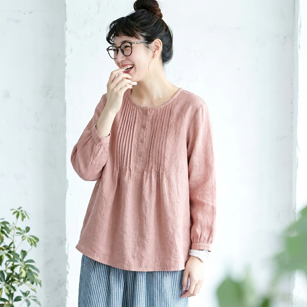 M-6L 綿麻 ボタン プリーツ ラウンドネック 長袖 シャツ 5XL ピンク