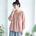 M-6L 綿麻 ボタン プリーツ ラウンドネック 長袖 シャツ 5XL ピンク