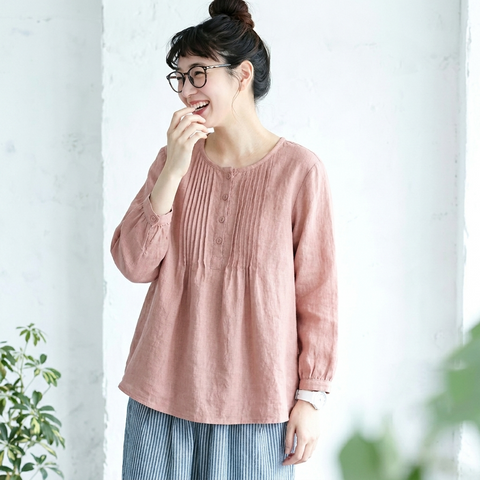 M-6L 綿麻 ボタン プリーツ ラウンドネック 長袖 シャツ 5XL ピンク